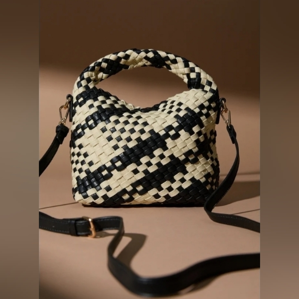 Altar'd State Mini Woven Checkered Crossbody Handbag In Black & Ivory.